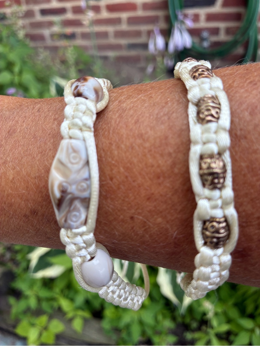 Cream Macramé Bracelet Duo with Marble Beads and Gold Accents